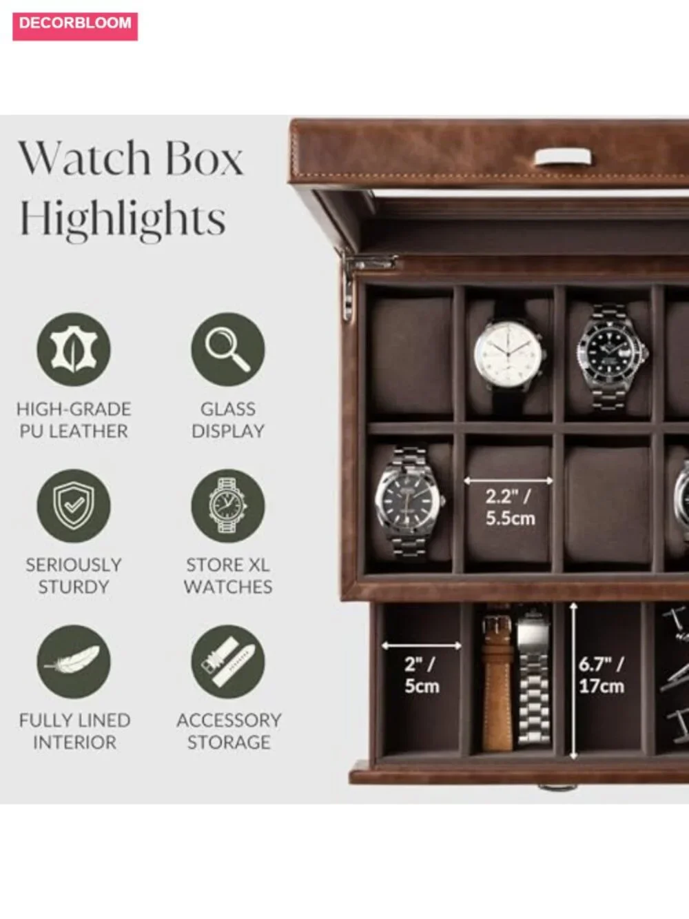 Faux Leather 8 Slot Watch Case with Storage Drawer for Men, Extra-Wide Pillows,